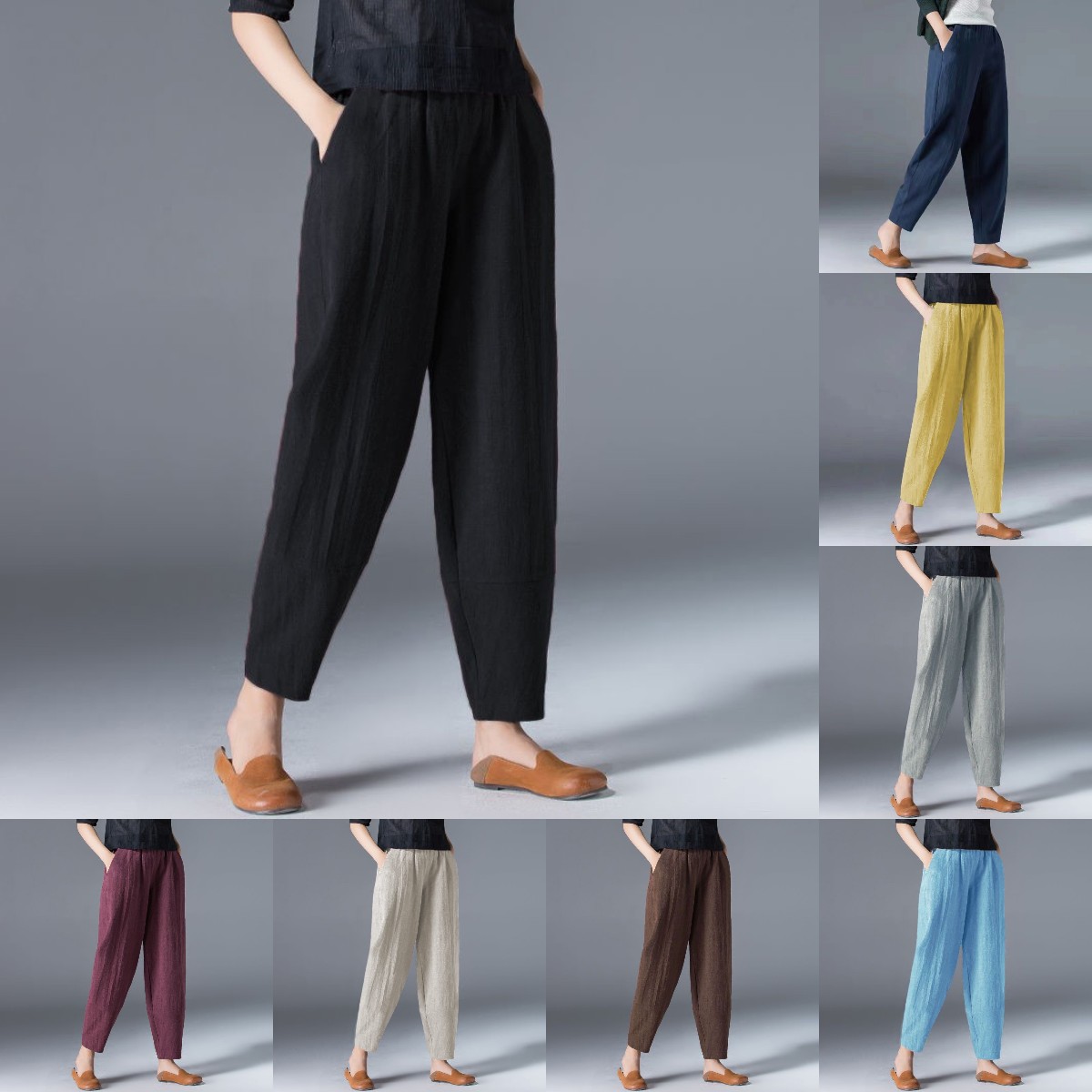💕【Αγοράστε 1 πάρτε 1 δωρεάν】Γυναικείο λινό βαμβακερό ελαστικό παντελόνι μέσης casual
