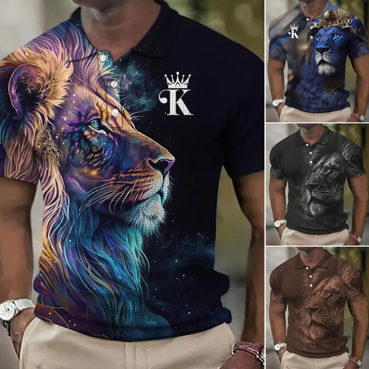 Tricou polo casual cu imprimeu 3D de leu pentru bărbați